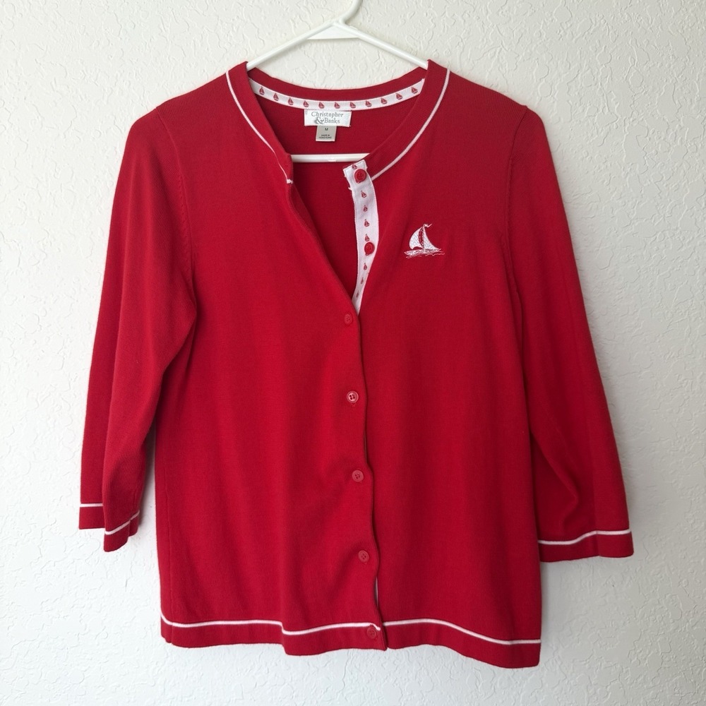 Vintage Nautical Cardigan Sweater Medium Red White Sailboat Coastal Preppy Women